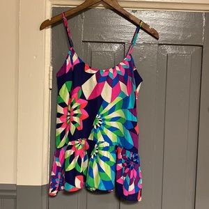 Julie Brown Colorful Kaleidoscope Print Ruffle Hem Silk Camisole